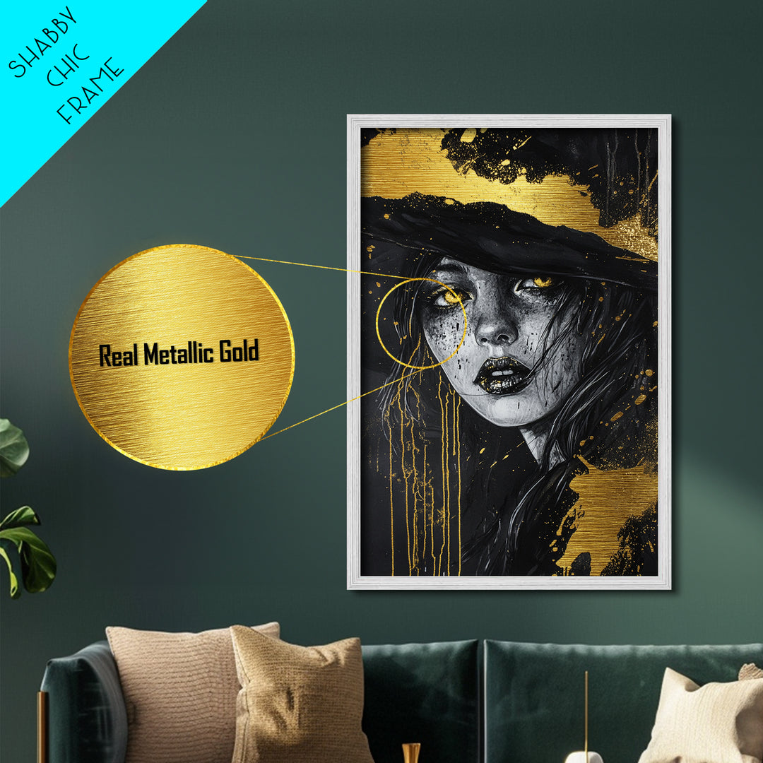 Witchy Woman Portrait, Metallic Gold Art Metal Art, Gothic Halloween Wall Decor in Real Wood Frame for Spooky Season