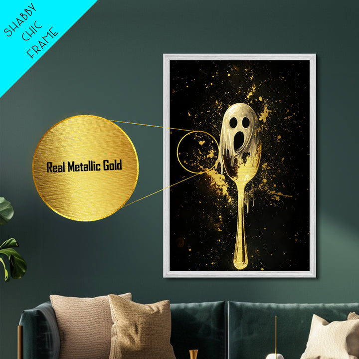 Haunted Ghostly Spoon Design, Creepy Metallic Gold Art Kitchen Horror, Spooky Season Metal Art framed with real wood
