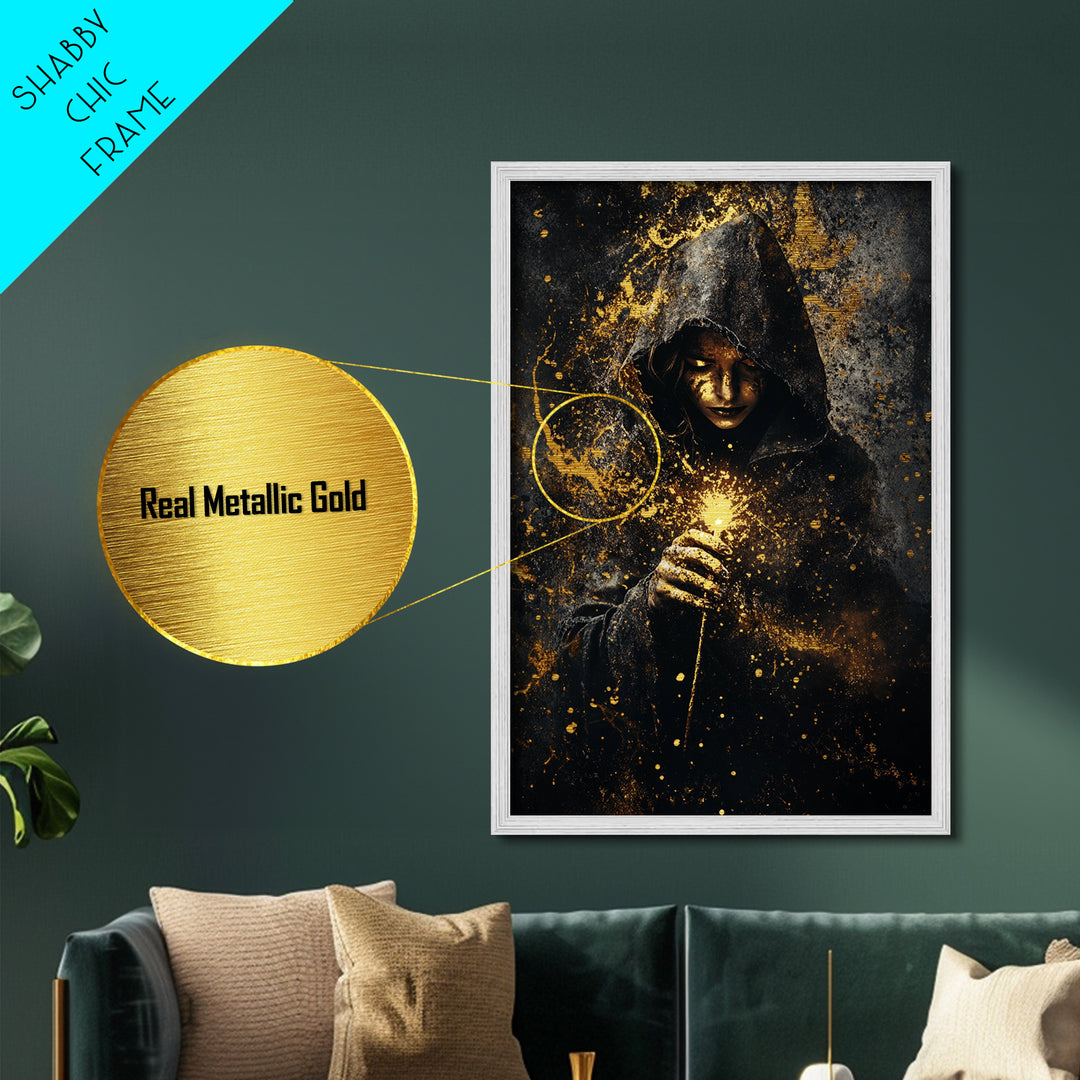 Mystical Hooded Sorceress, Metallic Gold Art Metal Art, Spooky Season Gothic Halloween Wall Art with Wood Frame