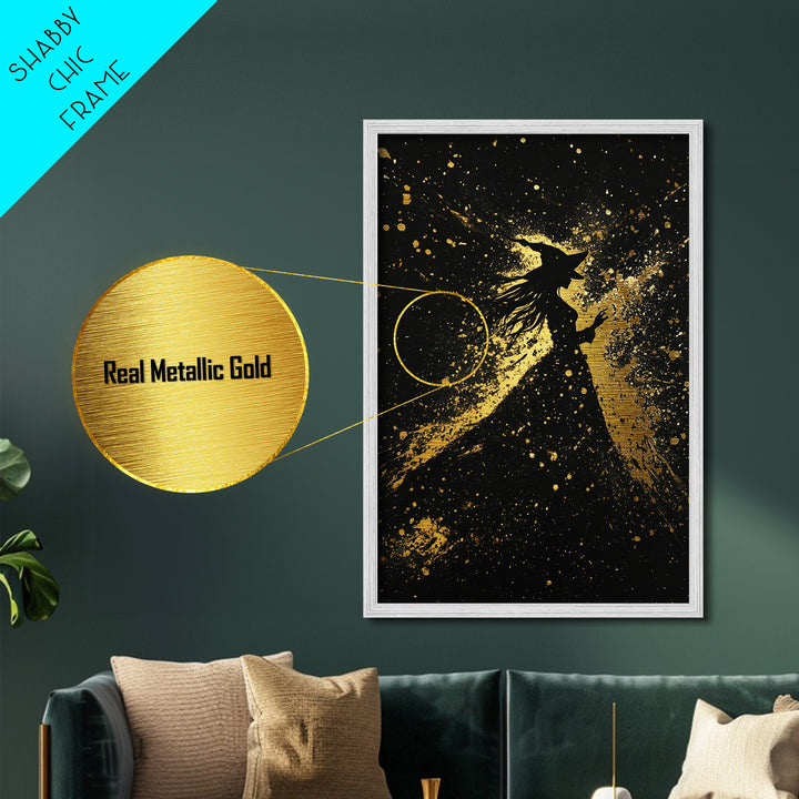 Witch Silhouette Halloween Wall Art, Metallic Gold Art Metal Art, Spooky Haunted Night Decor in Handcrafted Real Wood Frame