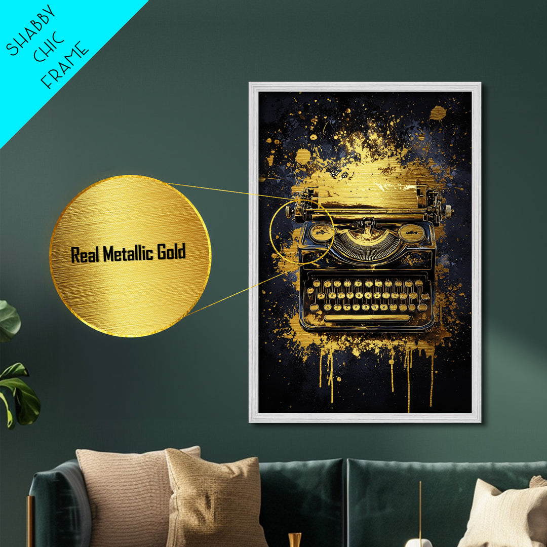 Gothic Typewriter Halloween Art, Metallic Gold Art Metal Art, Creepy Haunted Spooky Season Print with Real Wood Frame