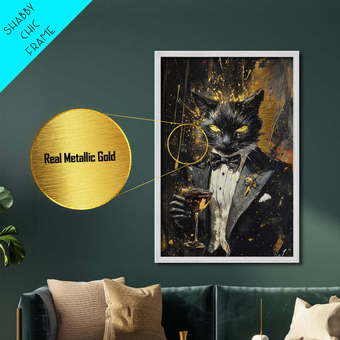 Black Cat in Tuxedo Wall Decor, Metallic Gold Art Metal Art, Spooky Halloween Gothic Artwork Framed in Real Wood