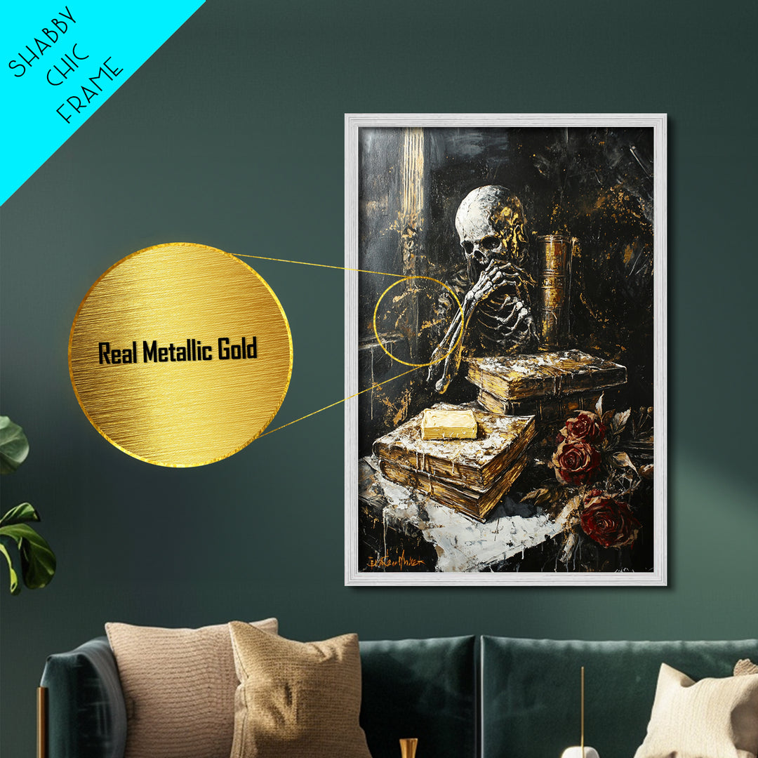 Skeleton Reading Gothic Books, Metallic Gold Art Metal Art, Haunted Spooky Season Halloween Artwork in Solid Wood Frame