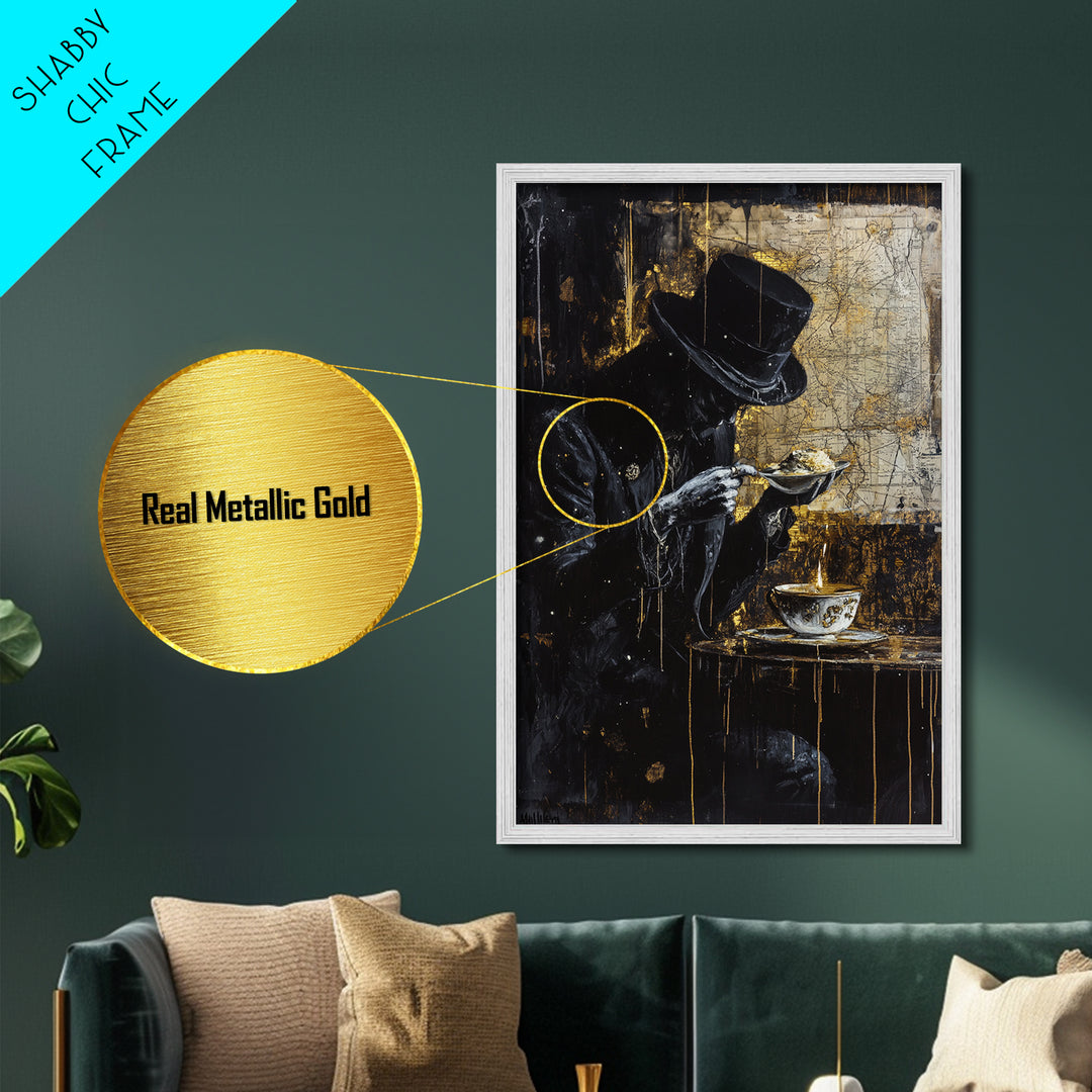 Haunted Gentleman Dining Metallic Gold Art Gothic Metal Art with Real Wood Frame | Spooky Halloween Wall Decor