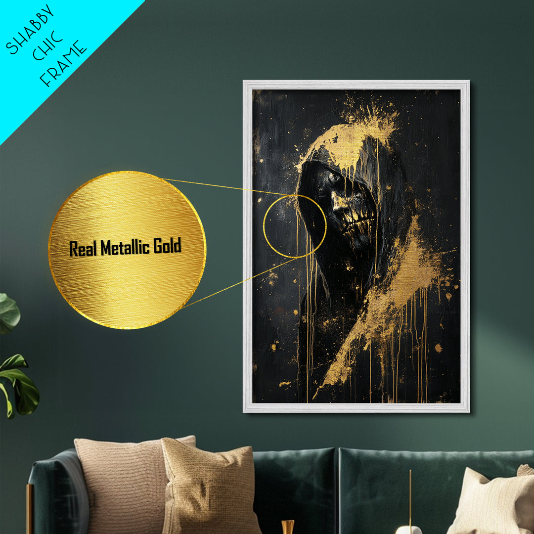 Creepy Hooded Horror Portrait Metallic Gold Art Halloween Metal Art Framed in Natural Wood | Gothic Scary Wall Hanging