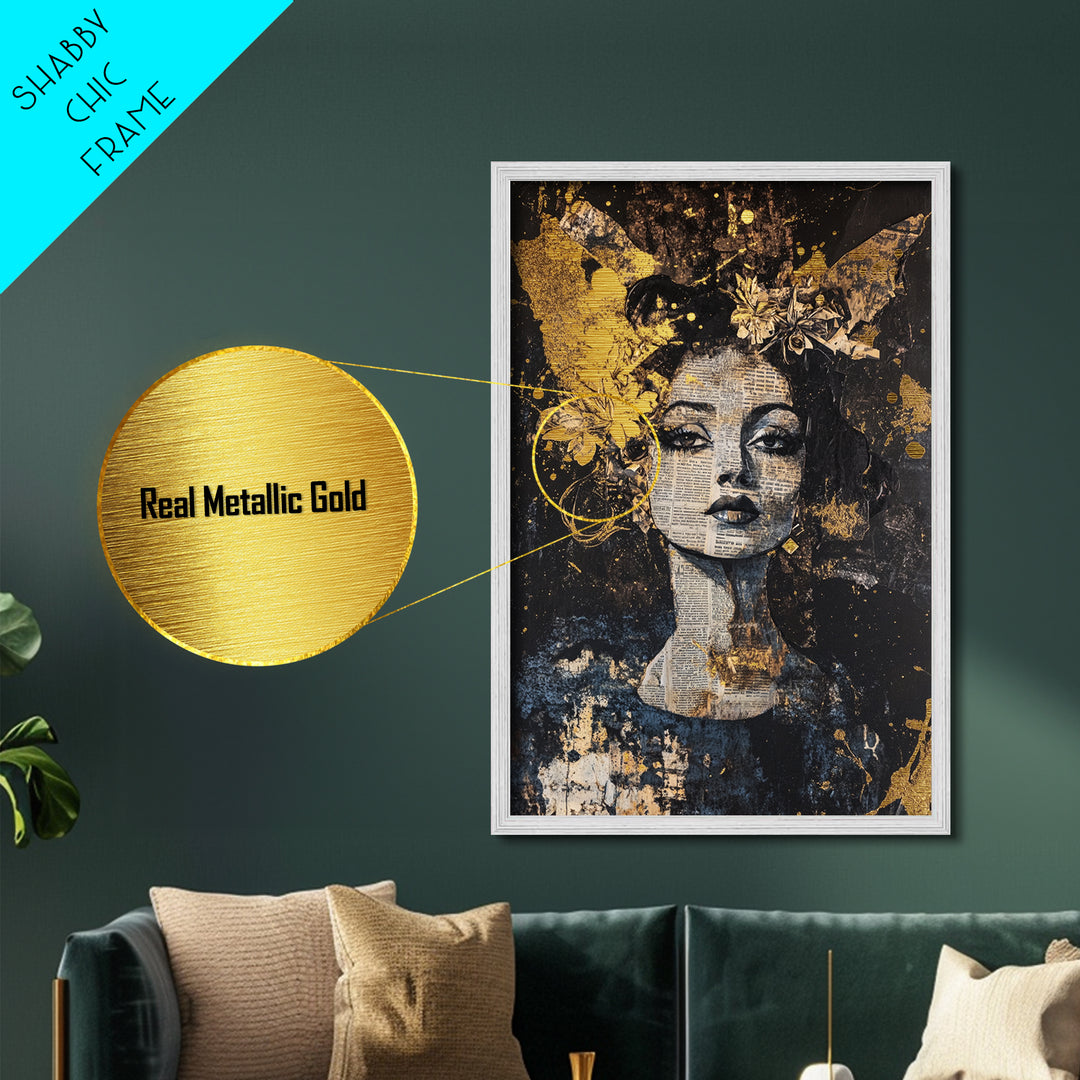 Witchy Woman Collage Metallic Gold Art Gothic Metal Art with Newspaper Texture | Spooky Portrait Wall Art in Real Wood Frame