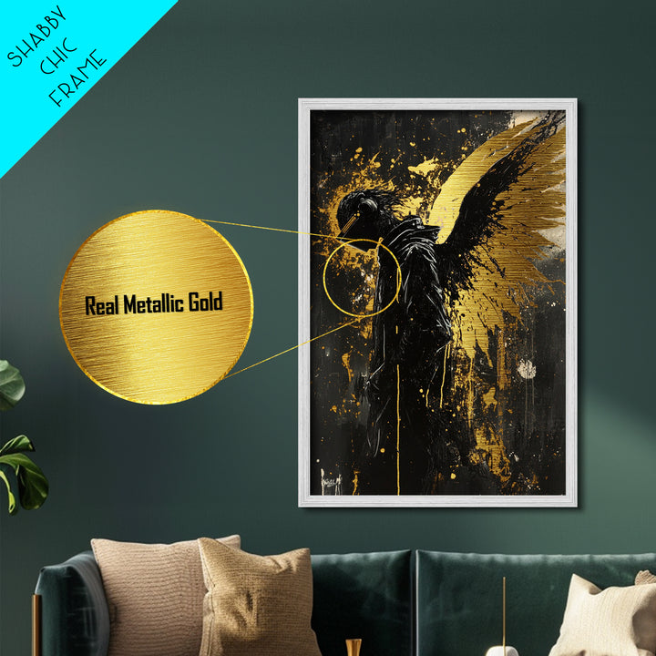Dark Angel with Golden Wings Metallic Gold Art Gothic Metal Art | Spooky Season Decor Framed in Natural Wood
