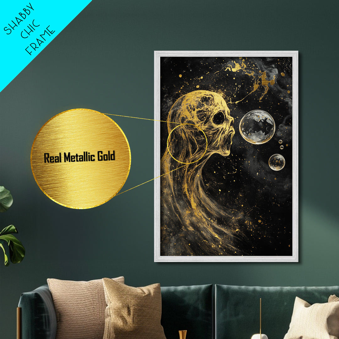 Ethereal Spirit Blowing Bubbles Metallic Gold Art Creepy Halloween Metal Art | Haunted Gothic Wall Art in Wood Frame