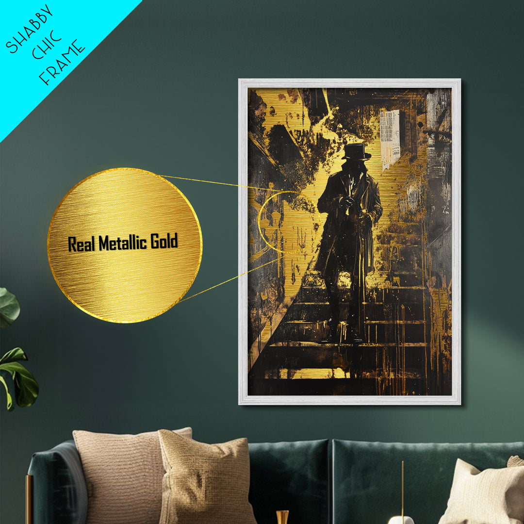 Victorian Gentleman on Stairs Metallic Gold Art Gothic Horror Metal Art | Spooky Halloween Wall Decor with Real Wood Frame