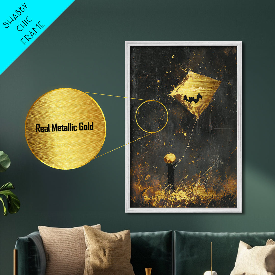 Pumpkin Head Kite Flying Metallic Gold Art Whimsical Halloween Metal Art | Cute Spooky Wall Hanging Framed in Real Wood