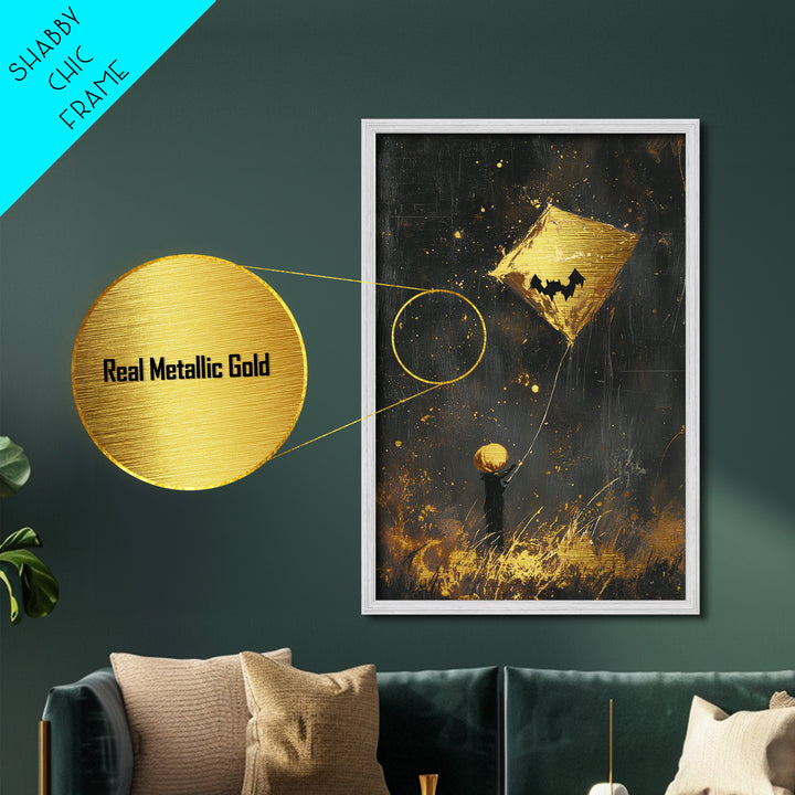 Pumpkin Head Kite Flying Metallic Gold Art Whimsical Halloween Metal Art | Cute Spooky Wall Hanging Framed in Real Wood