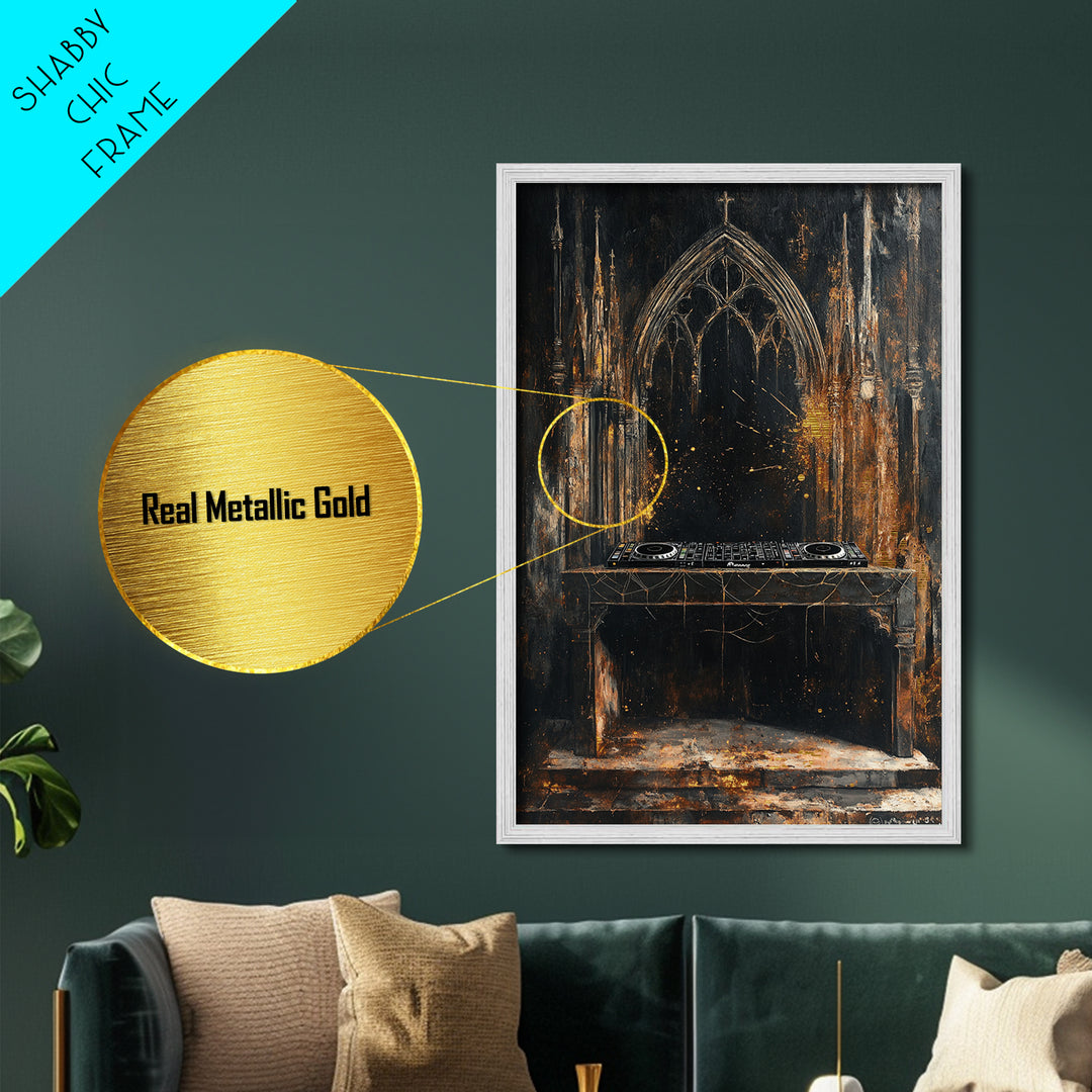 Haunted Cathedral DJ Booth Metallic Gold Art Gothic Metal Art | Creepy Church Halloween Wall Decor in Natural Wood Frame
