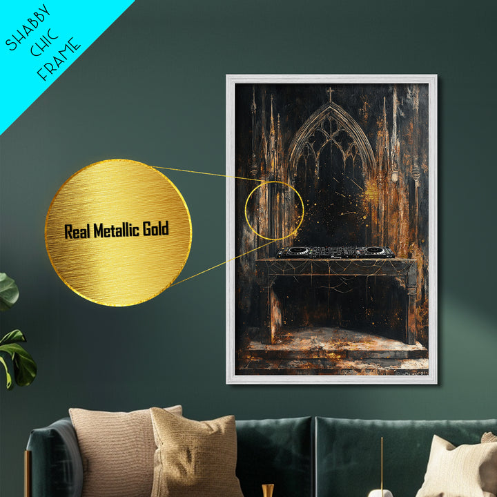 Haunted Cathedral DJ Booth Metallic Gold Art Gothic Metal Art | Creepy Church Halloween Wall Decor in Natural Wood Frame