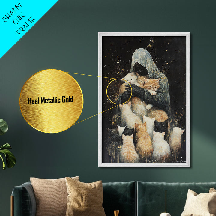 Grim Reaper with Cats Metallic Gold Art Whimsical Metal Art | Spooky Season Gothic Wall Art in Real Wood Frame