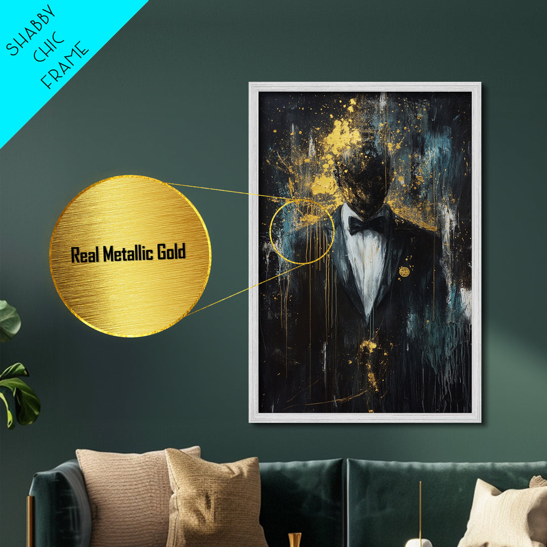 Spooky Gentleman in Tuxedo Metallic Gold Art, Gothic Haunted Portrait Metal Art with Real Wood Frame for Halloween Wall Decor