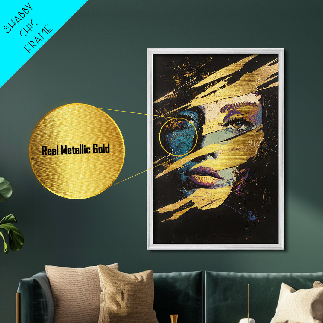 Witchy Woman Masked Portrait Metallic Gold Art, Spooky Season Horror Face Metal Art Framed in Natural Wood for Gothic Home