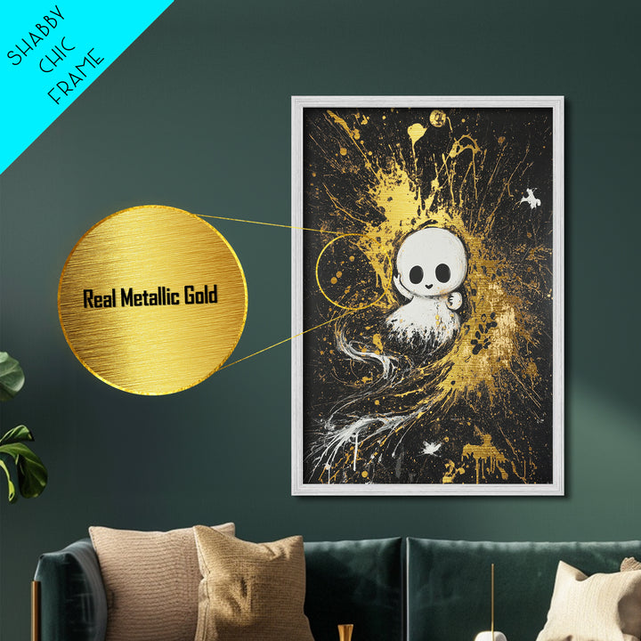 Cute Ghost Metallic Gold Art, Haunted Spooky Season Metal Art Wall Hanging in a Real Wood Frame, Creepy Halloween Room Decor