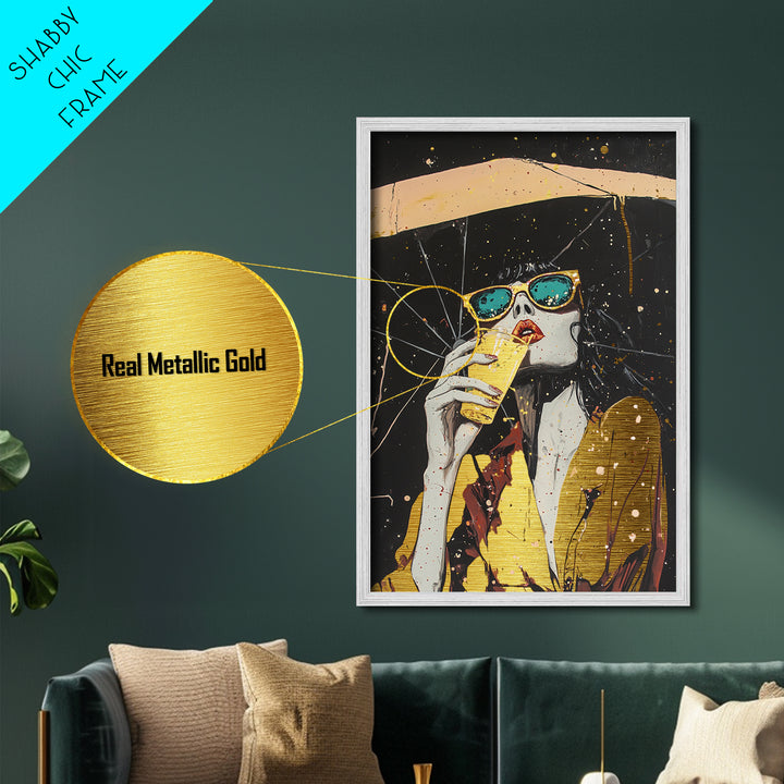 Retro Witchy Woman Drinking Metallic Gold Art, Spooky Season Metal Art with Real Wood Frame, Gothic Halloween Wall Accent