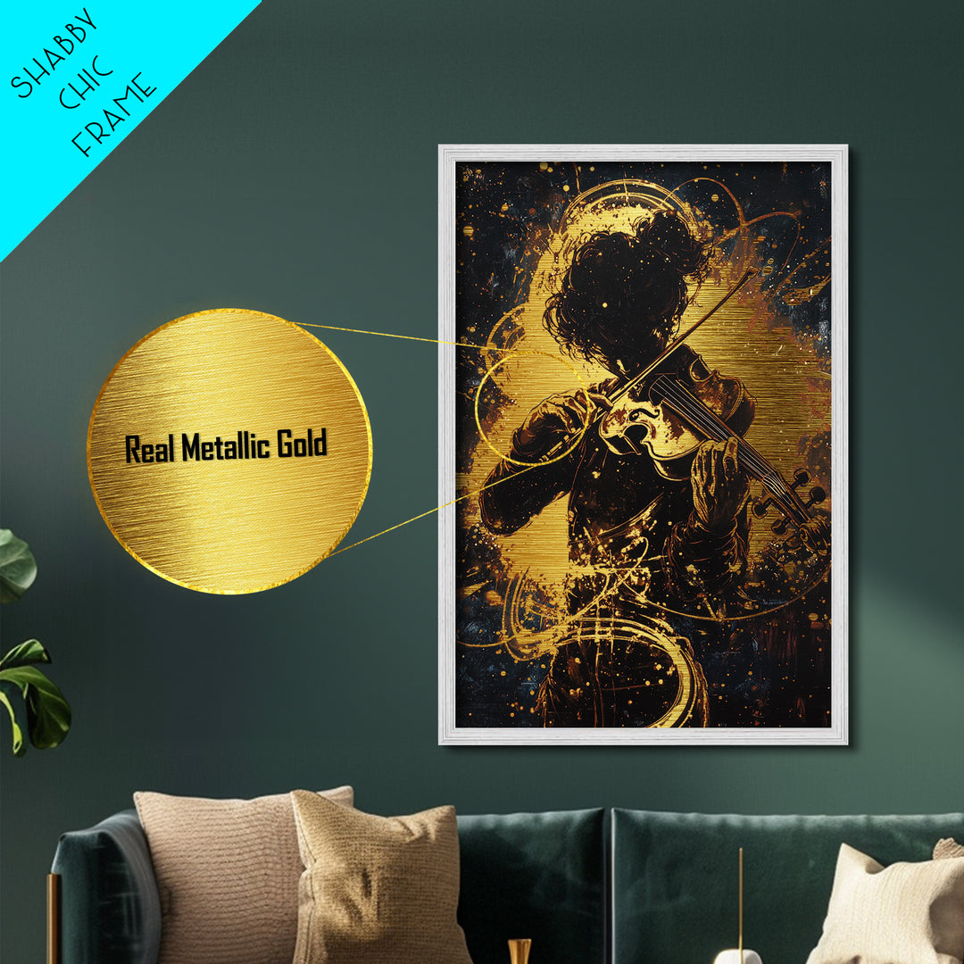 Violinist in Shadows Metallic Gold Art, Spooky Haunted Musician Metal Art Framed in Real Wood, Gothic Halloween Wall Hanging