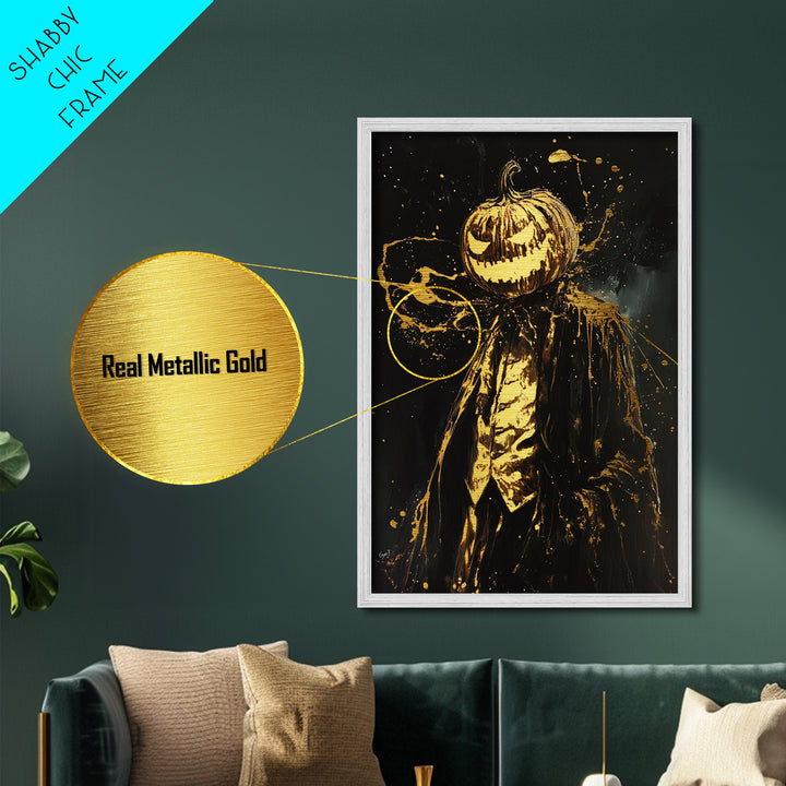 Pumpkin Head Horror Portrait Metallic Gold Art, Creepy Haunted Jack O Lantern Metal Art Framed with Real Wood for Halloween