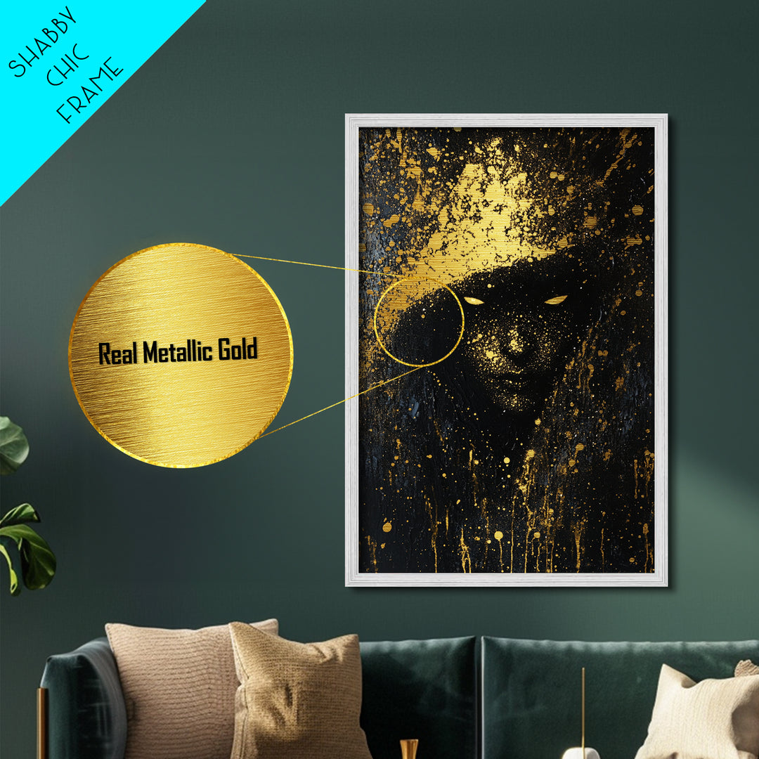 Eerie Shadow Figure Metallic Gold Art, Spooky Horror Season Haunted Eyes Metal Art with Real Wood Frame for Gothic Wall Decor