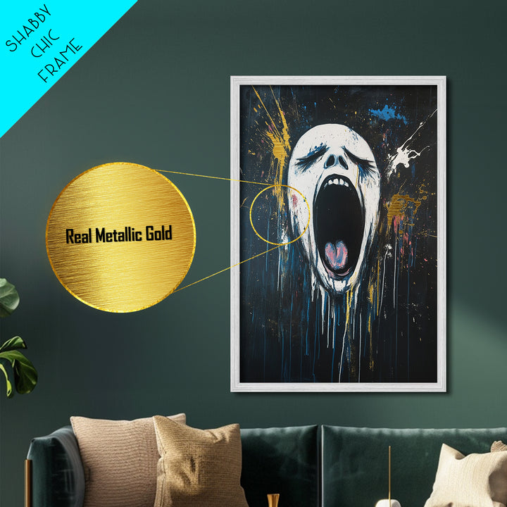 Screaming Horror Face Metallic Gold Art, Creepy Haunted Expressionist Metal Art Framed in Real Wood, Halloween Spooky Accent