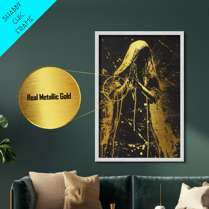 Dark Sacred Prayer Gothic Wall Hanging | Metallic Gold Art, Metal Art | Spooky Halloween Decor Framed in Natural Real Wood
