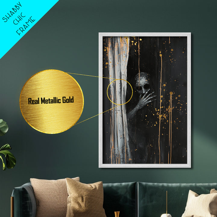 Creepy Skull Behind Curtain | Metallic Gold Art + Metal Art | Haunted Gothic Wall Decor, Real Wood Frame for Halloween Vibes