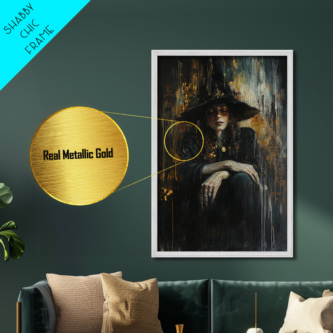 Witch in Shadows Gothic Portrait | Metallic Gold Art | Witchy Halloween Metal Art, Real Wood Frame for Spooky Wall Hanging