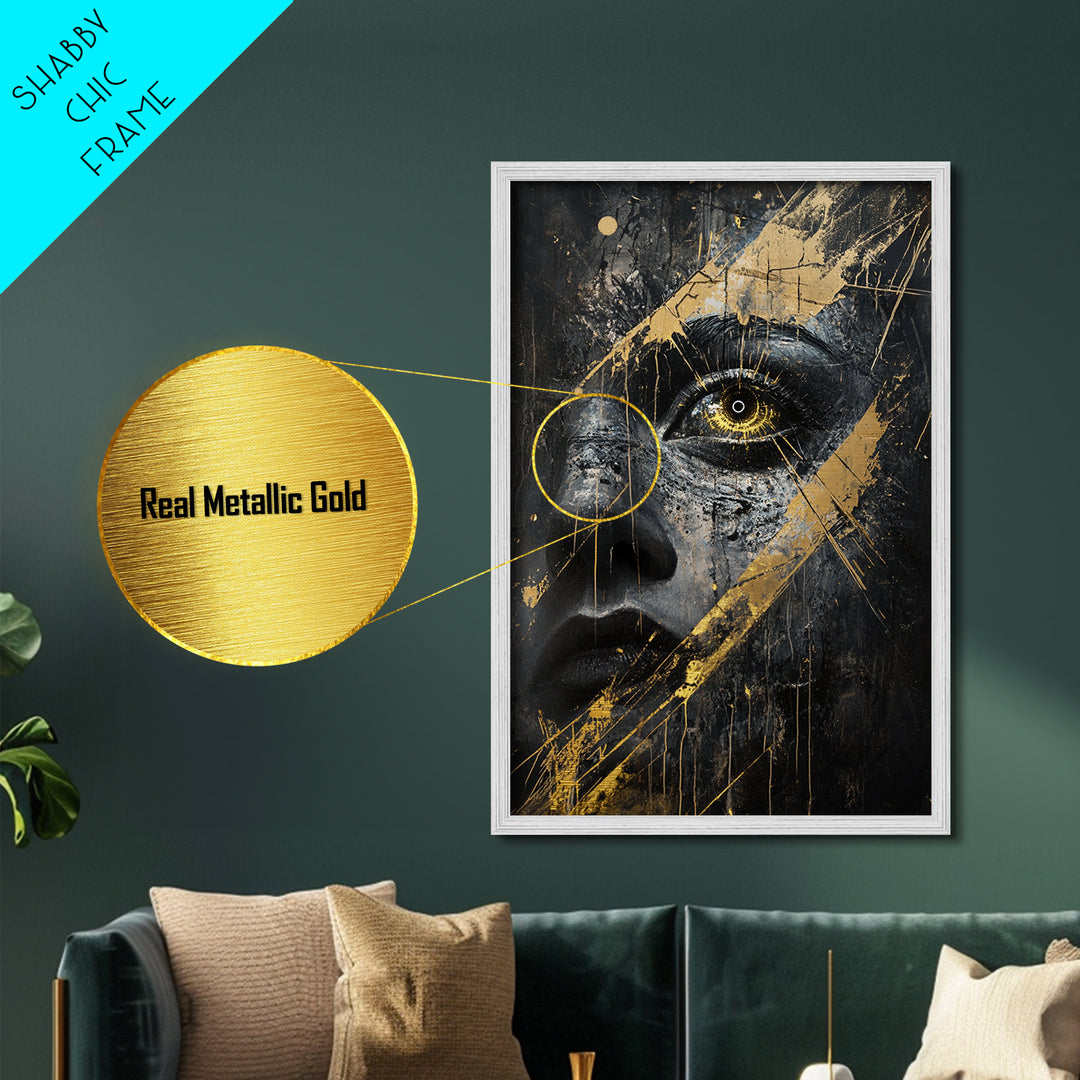 Golden Eye Haunted Portrait | Metallic Gold Art & Metal Art | Gothic Spooky Wall Decor, Real Wood Framed Halloween Artwork