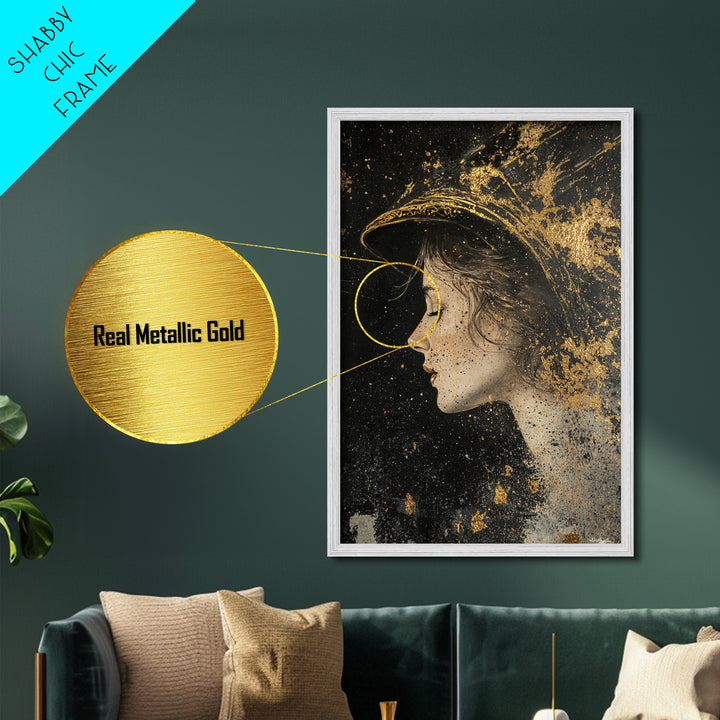 Enchanted Witch Profile Portrait | Metallic Gold Art & Metal Art | Elegant Spooky Season Decor, Framed in Real Natural Wood