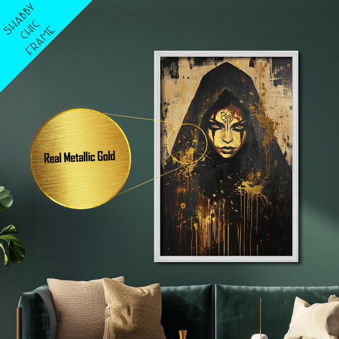 Cursed Priestess Gothic Portrait | Metallic Gold Art | Spooky Season Metal Art Decor, Real Wood Frame for Haunted Wall Art