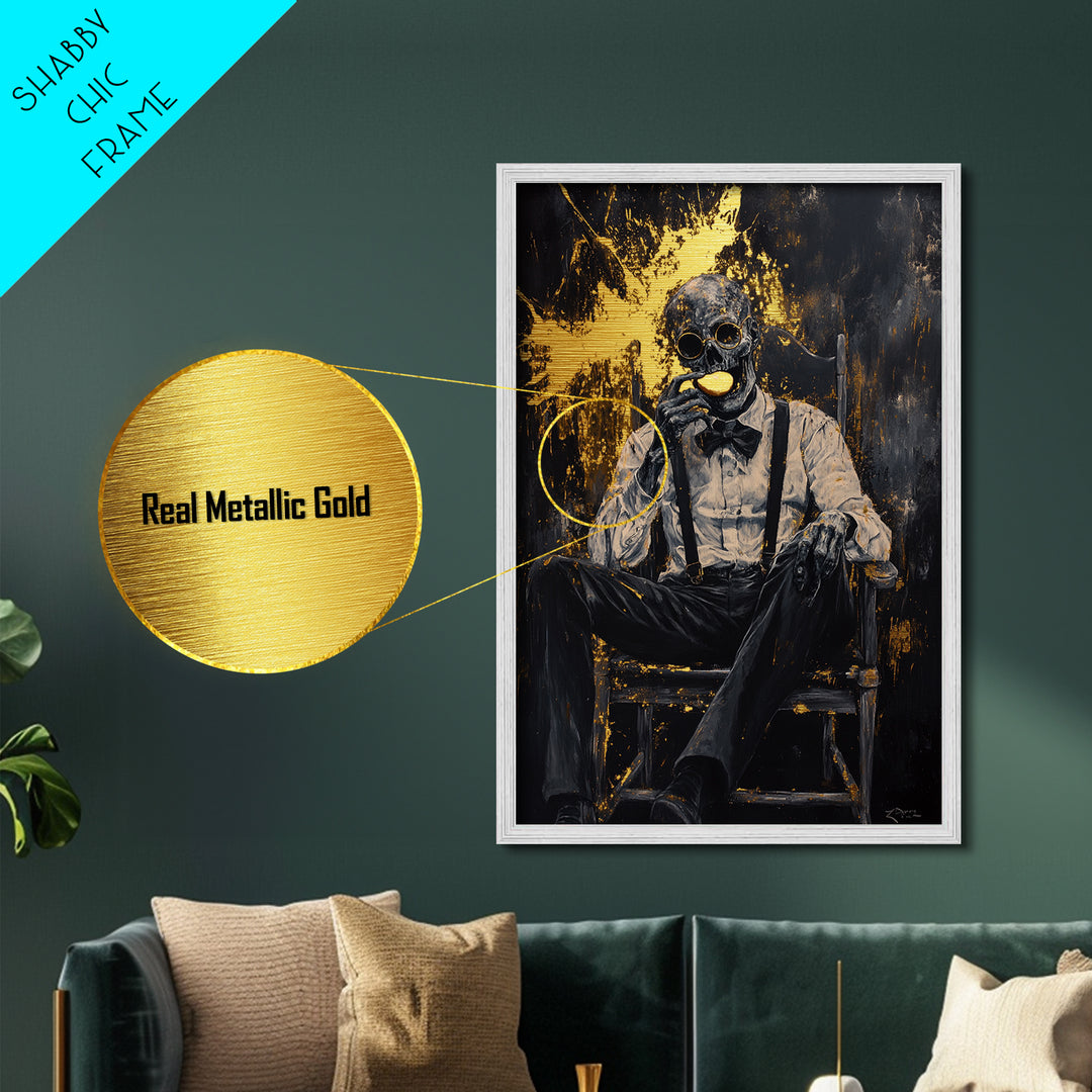 Skeleton Gentleman Gothic Wall Decor | Metallic Gold Art + Metal Art | Creepy Halloween Artwork, Real Wood Frame Display