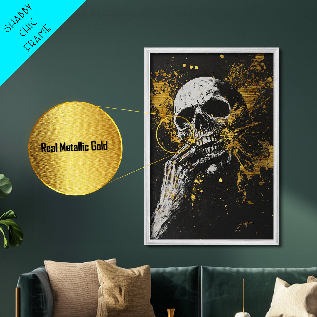 Haunted Skull Metallic Gold Art, Creepy Horror Skeleton Metal Art with Gothic Splatter Style, framed in natural real wood