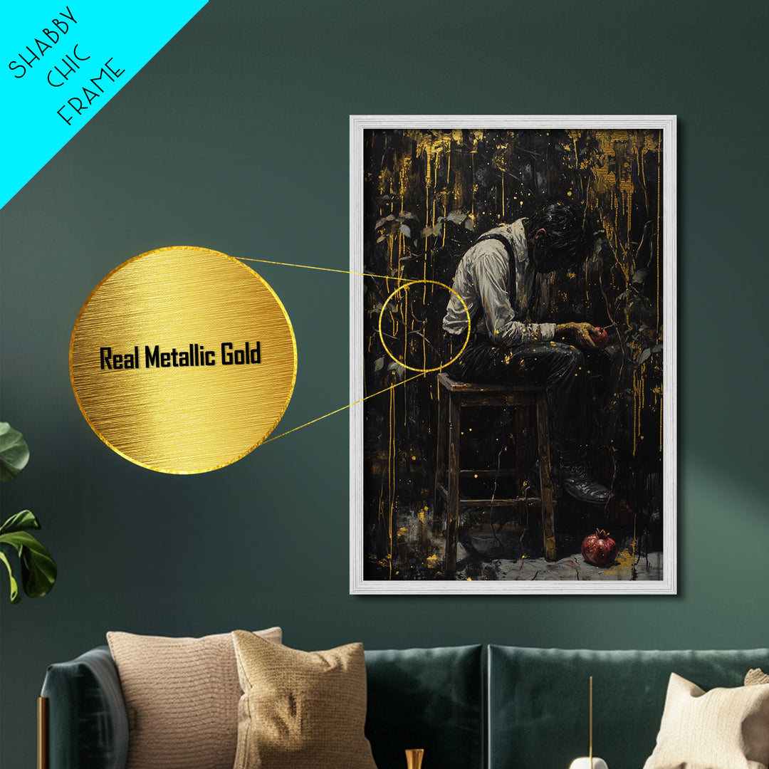 Spooky Gothic Metallic Gold Art, Dark Halloween Portrait Metal Art of Man with Pomegranate, mounted in handcrafted wood frame