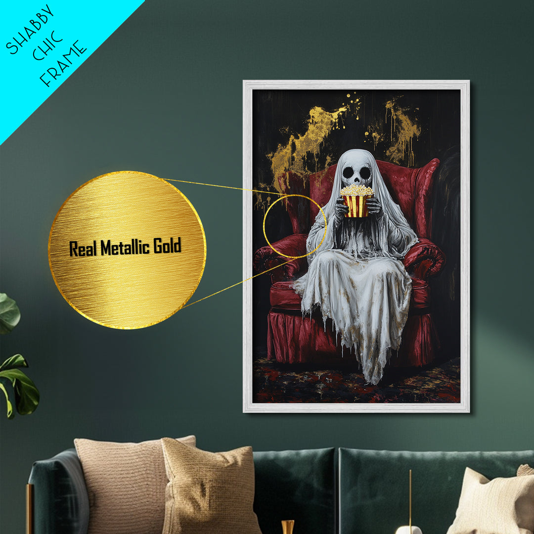 Ghostly Movie Night Metallic Gold Art, Creepy Skeleton Watching Horror Metal Art, Halloween Décor with real wood frame display