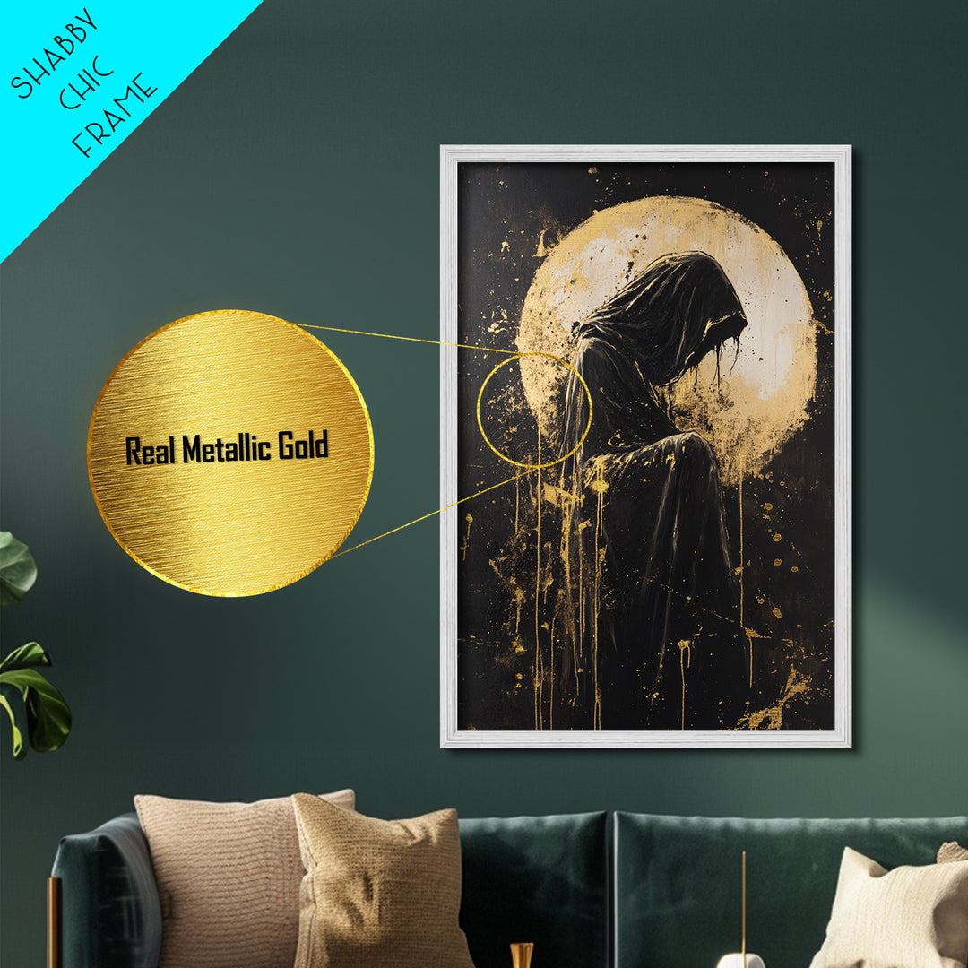 Grim Reaper Metallic Gold Art, Haunted Dark Hooded Figure Metal Art for Spooky Season, framed with natural real wood design