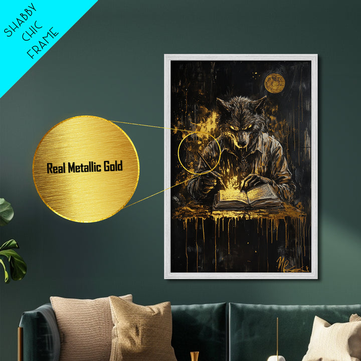Werewolf Halloween Metallic Gold Art, Spooky Wolf Writing Spellbook Metal Art, glowing horror décor with real wood frame accent