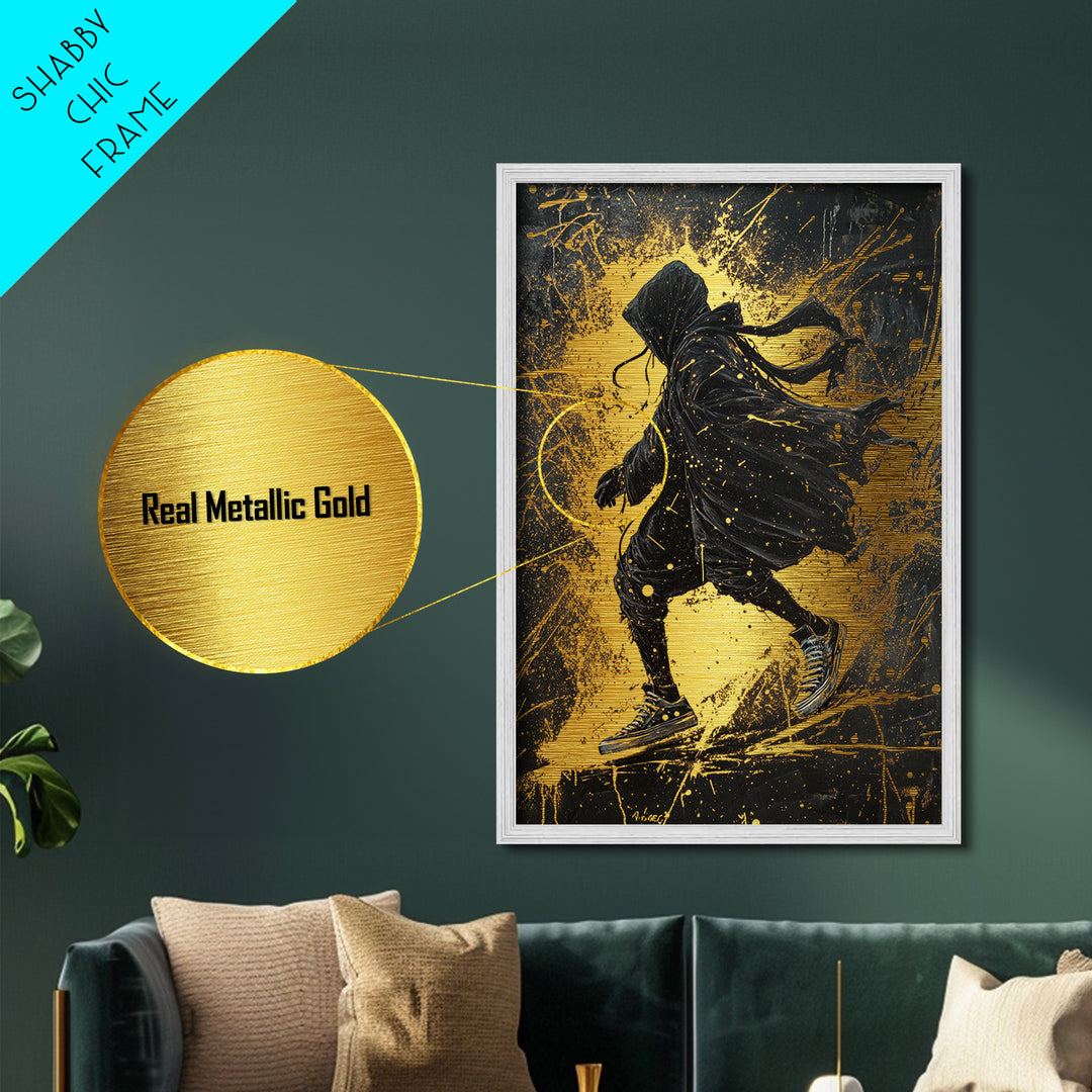 Dark Wanderer Metallic Gold Art, Creepy Hooded Skater Metal Art with Gothic Splatter Style, framed in rustic real wood for Halloween