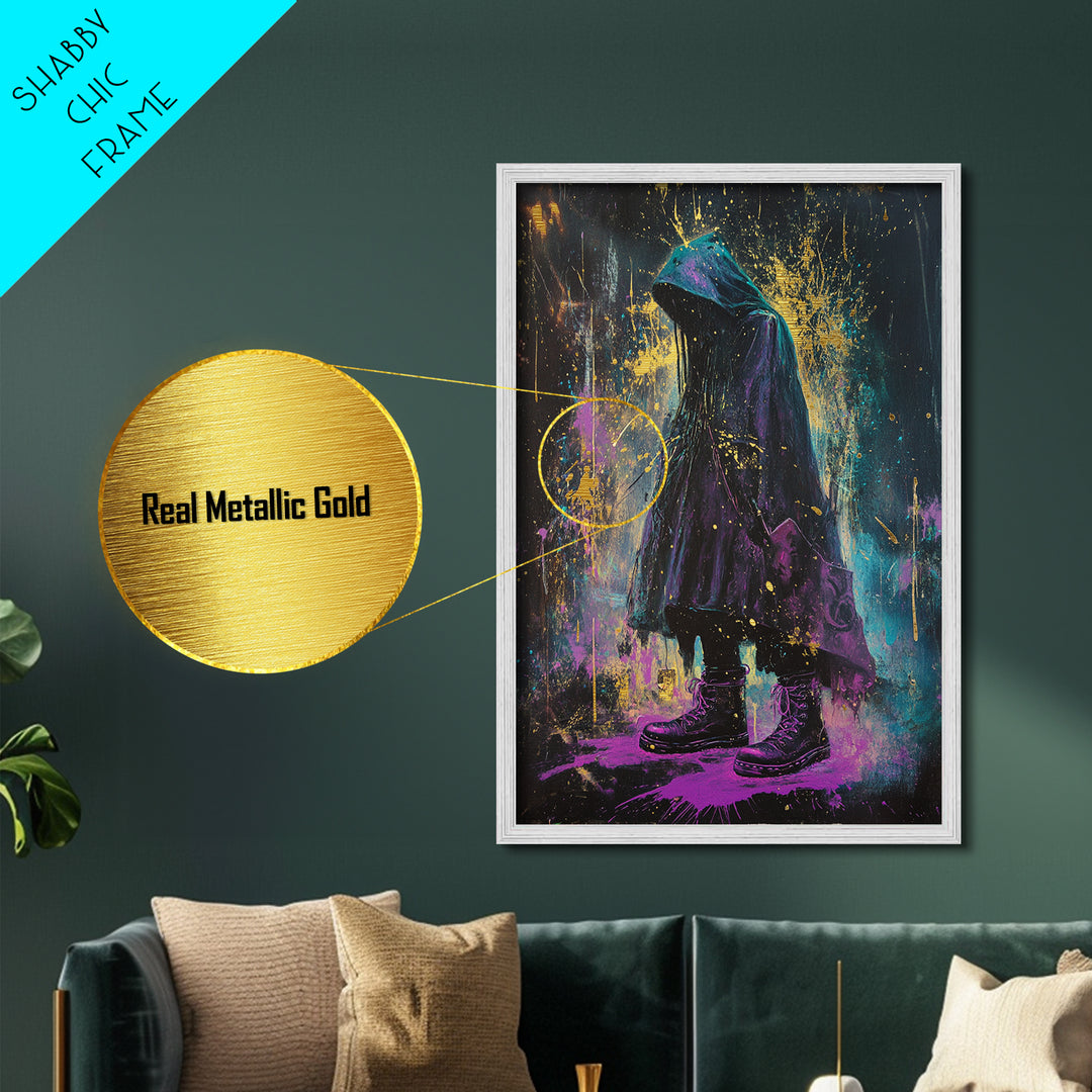 Witchy Hooded Figure Metallic Gold Art, Gothic Halloween Metal Art in Purple and Gold Splatter, real wood frame handmade design