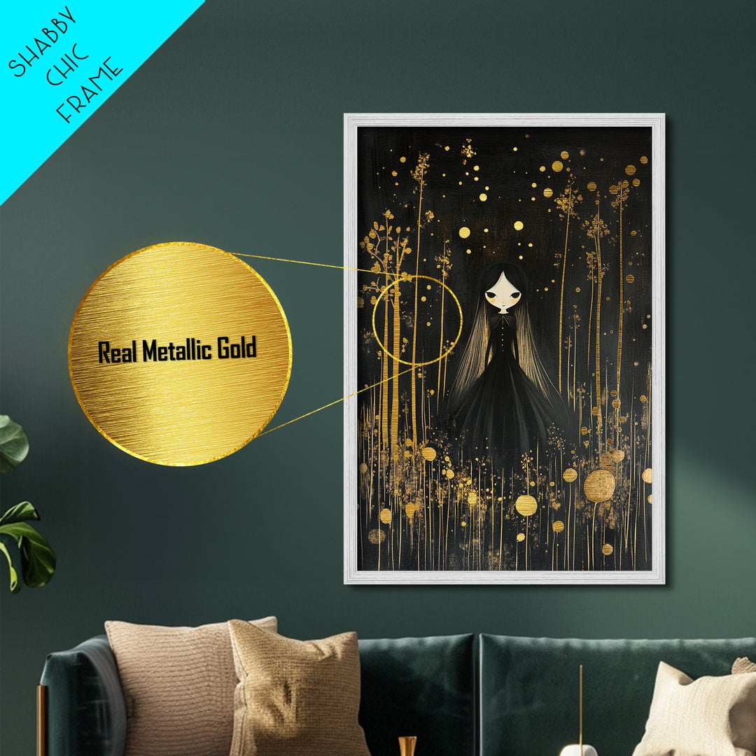 Spooky Cute Girl Metallic Gold Art, Creepy Halloween Witchy Doll Metal Art with Gold Forest Background, set in real wood frame