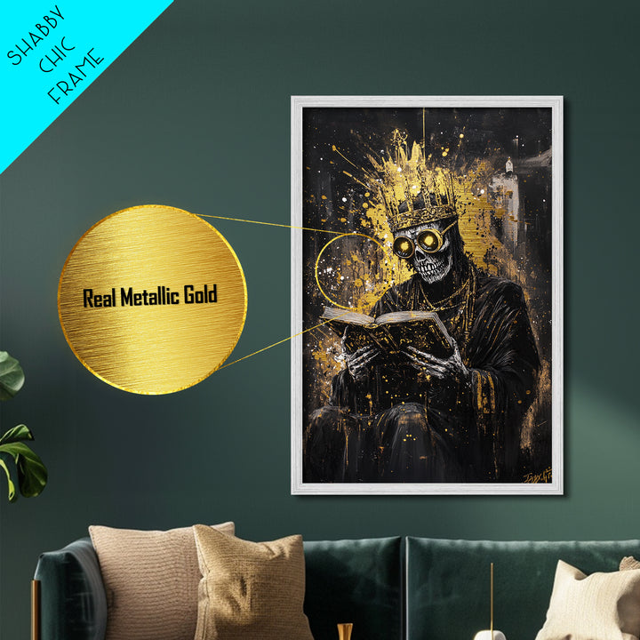 Haunted King Skeleton Metallic Gold Art, Gothic Crowned Figure Metal Art with Horror Style, framed in premium real wood décor