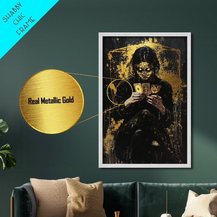 Tarot Witch Metallic Gold Art, Creepy Spooky Season Metal Art with Haunted Masked Fortune Teller, natural real wood frame finish