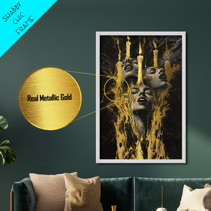 Haunted Candle Gothic Faces Metallic Gold Art, Spooky Season Horror Metal Art Wall Decor, framed in natural real wood