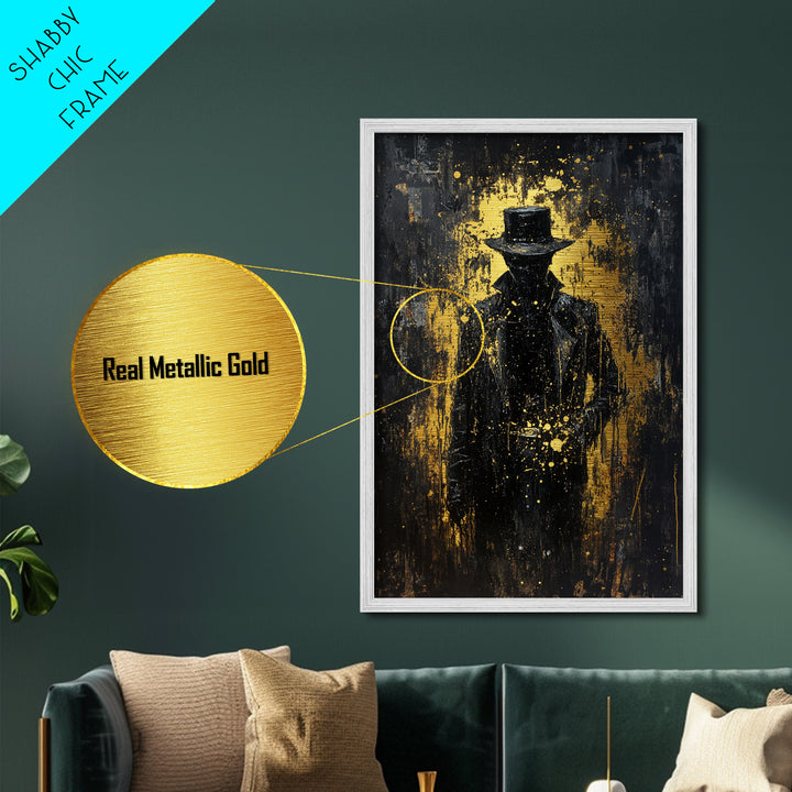 Dark Cowboy Horror Silhouette Metallic Gold Art, Spooky Season Creepy Western Metal Art, with real wood frame display