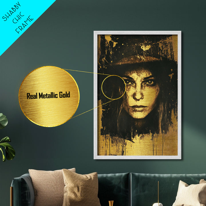 Creepy Sepia Horror Portrait Metallic Gold Art, Spooky Gothic Woman Face Metal Art Wall Decor, in solid real wood frame