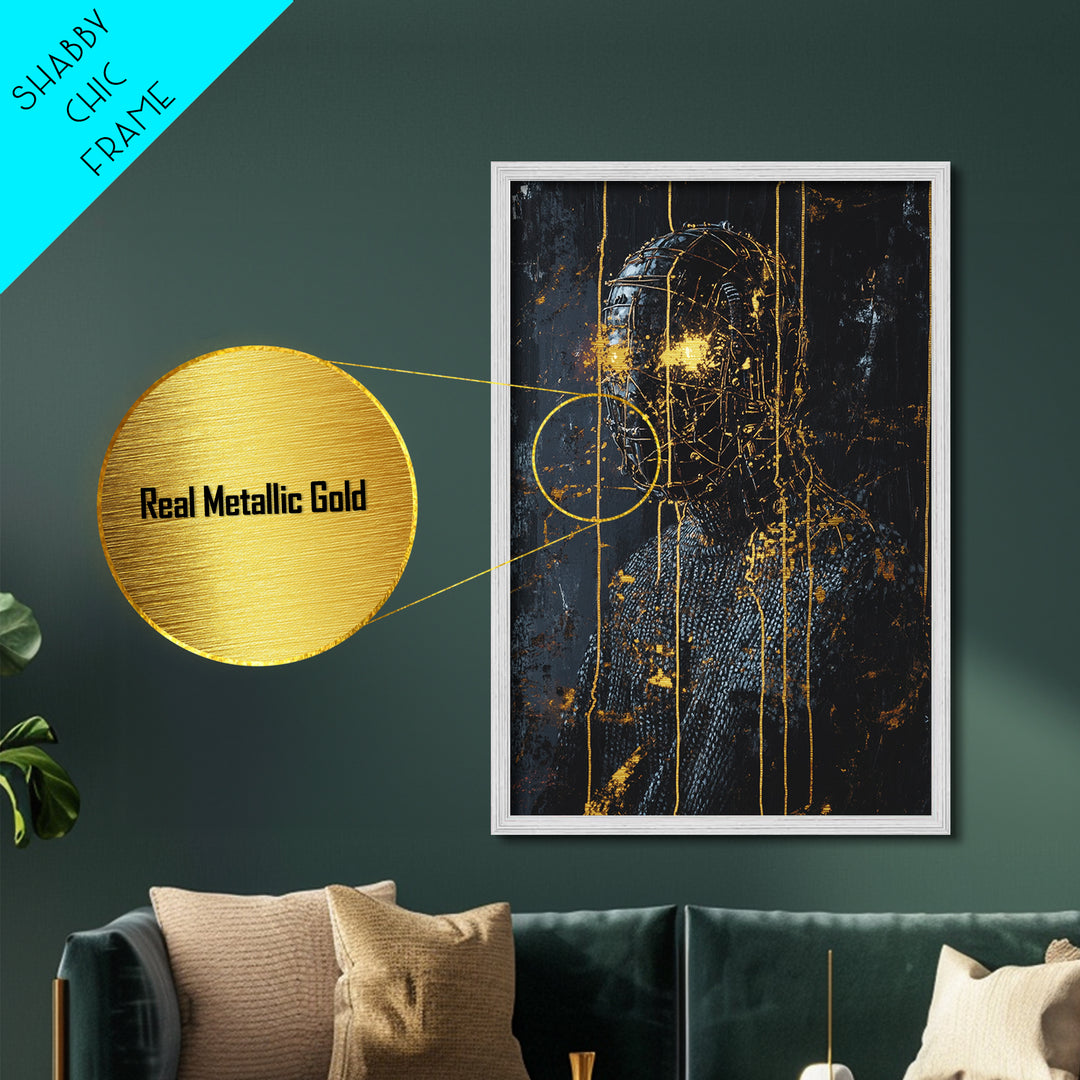 Cyber Horror Mask Metallic Gold Art, Creepy Halloween Techno Gothic Metal Art Portrait, framed with natural real wood