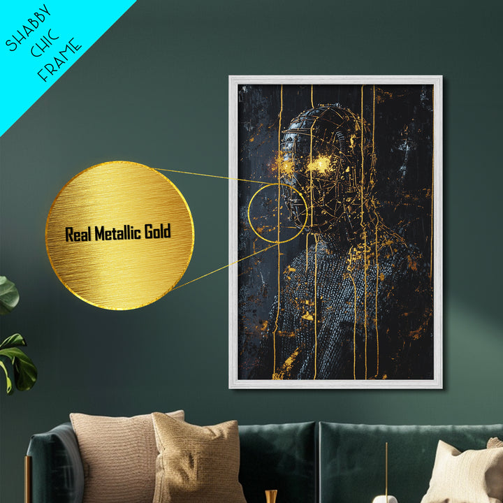 Cyber Horror Mask Metallic Gold Art, Creepy Halloween Techno Gothic Metal Art Portrait, framed with natural real wood