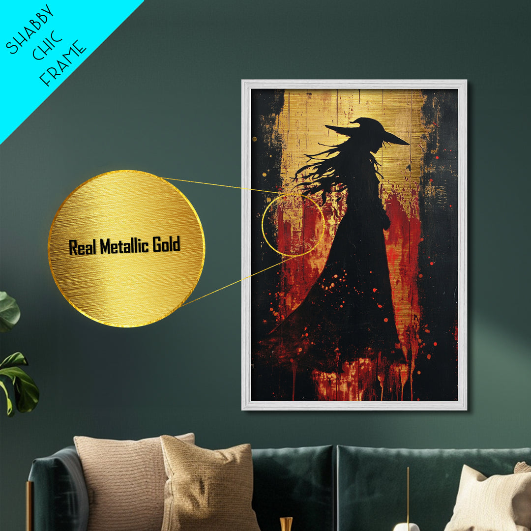 Witch Silhouette Blood Red Metallic Gold Art, Spooky Season Gothic Metal Art Painting, Halloween wall decor with wood frame