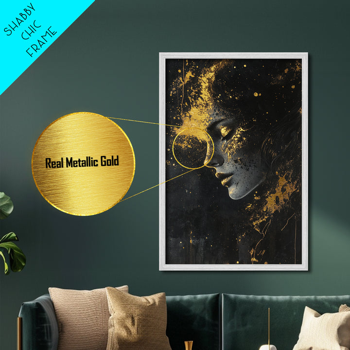 Ethereal Haunted Face Metallic Gold Art, Spooky Season Gothic Glow Metal Art Portrait, crafted and framed in real wood